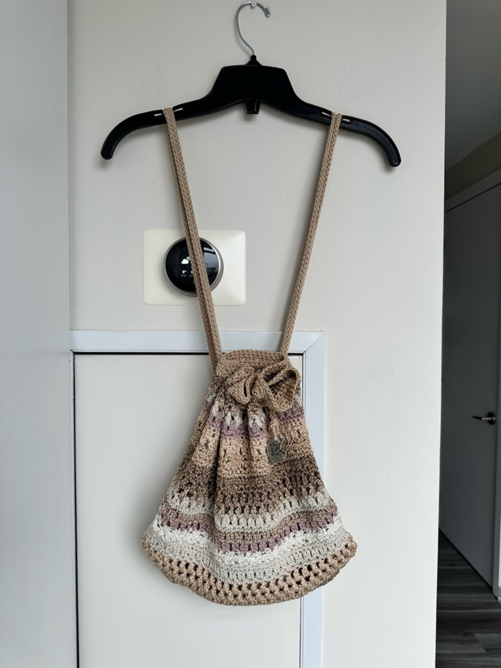 The Sak | Boho Janet Crochet Drawstring Shoulder Bag Neutral Stripes | AS IS - Picture 2 of 16